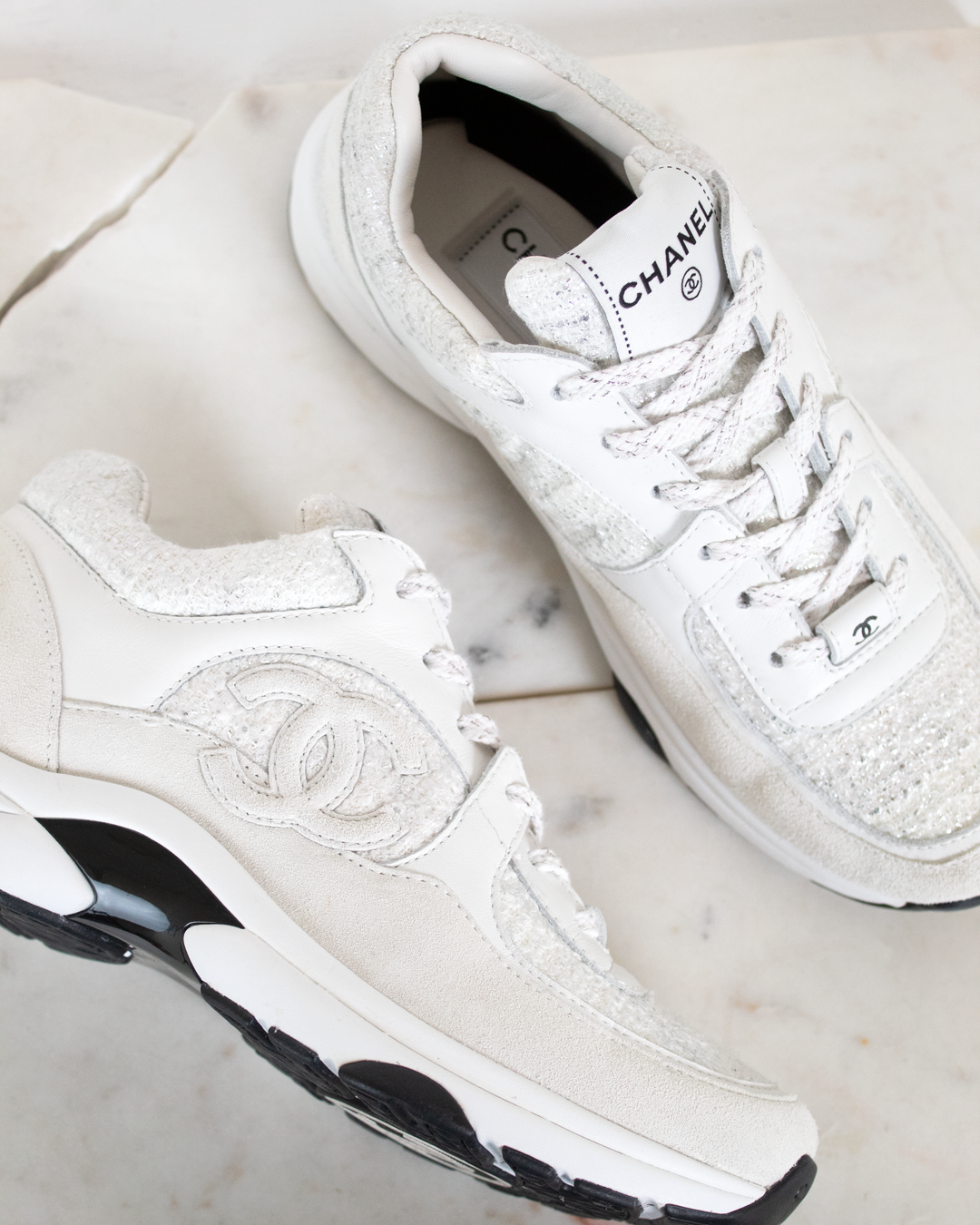 Chanel White Cotton Tweed Suede Calfskin CC Sneakers — Otra Chanel White Cotton Tweed Suede Calfskin CC Sneakers — Otra